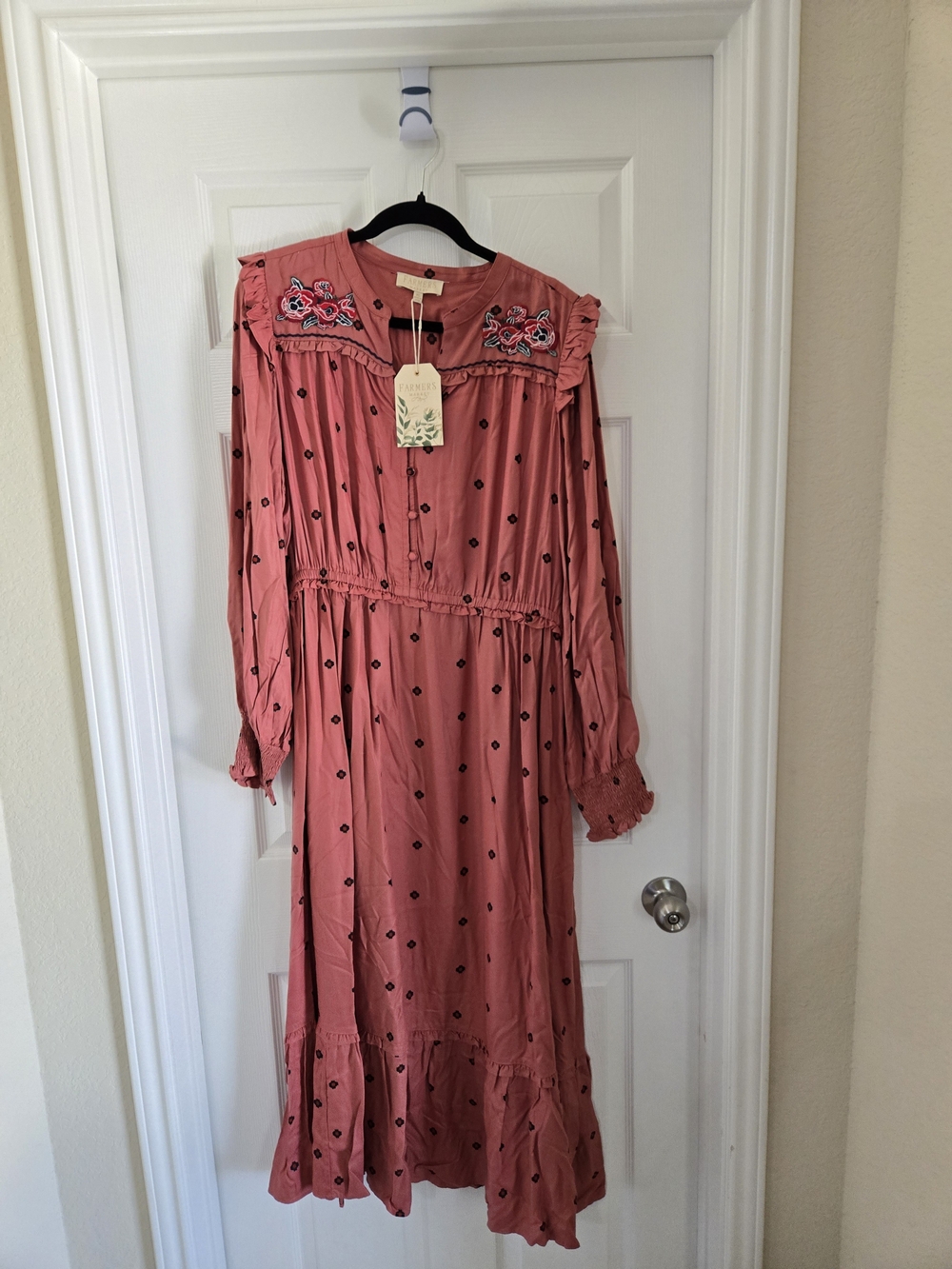 Embroidered Dusty Rose Maxi Dress with Smocked Cuffs